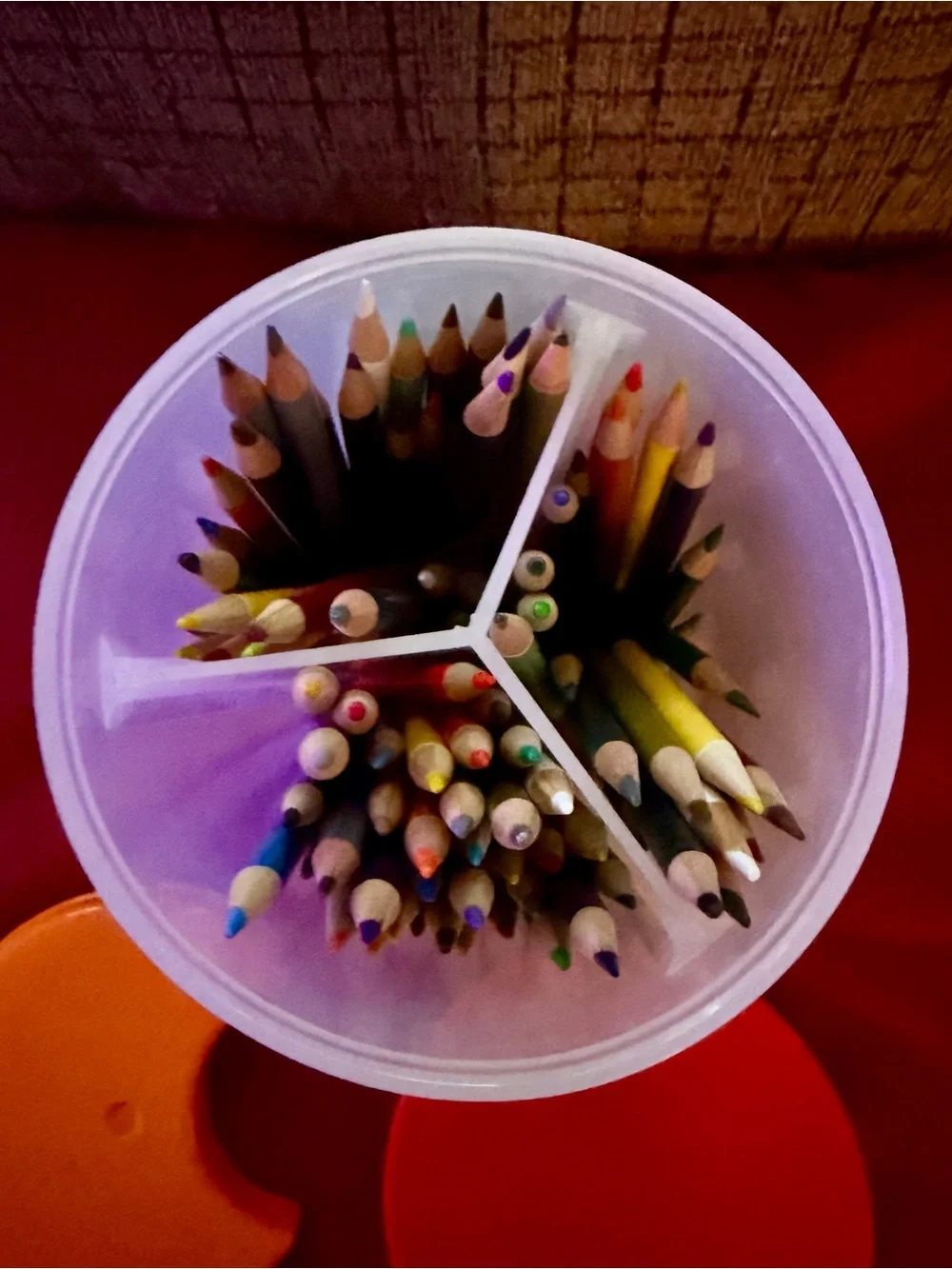 Vintage Tupperware 3-in-1 Divided Canister (Model #5878) with colored pencils
